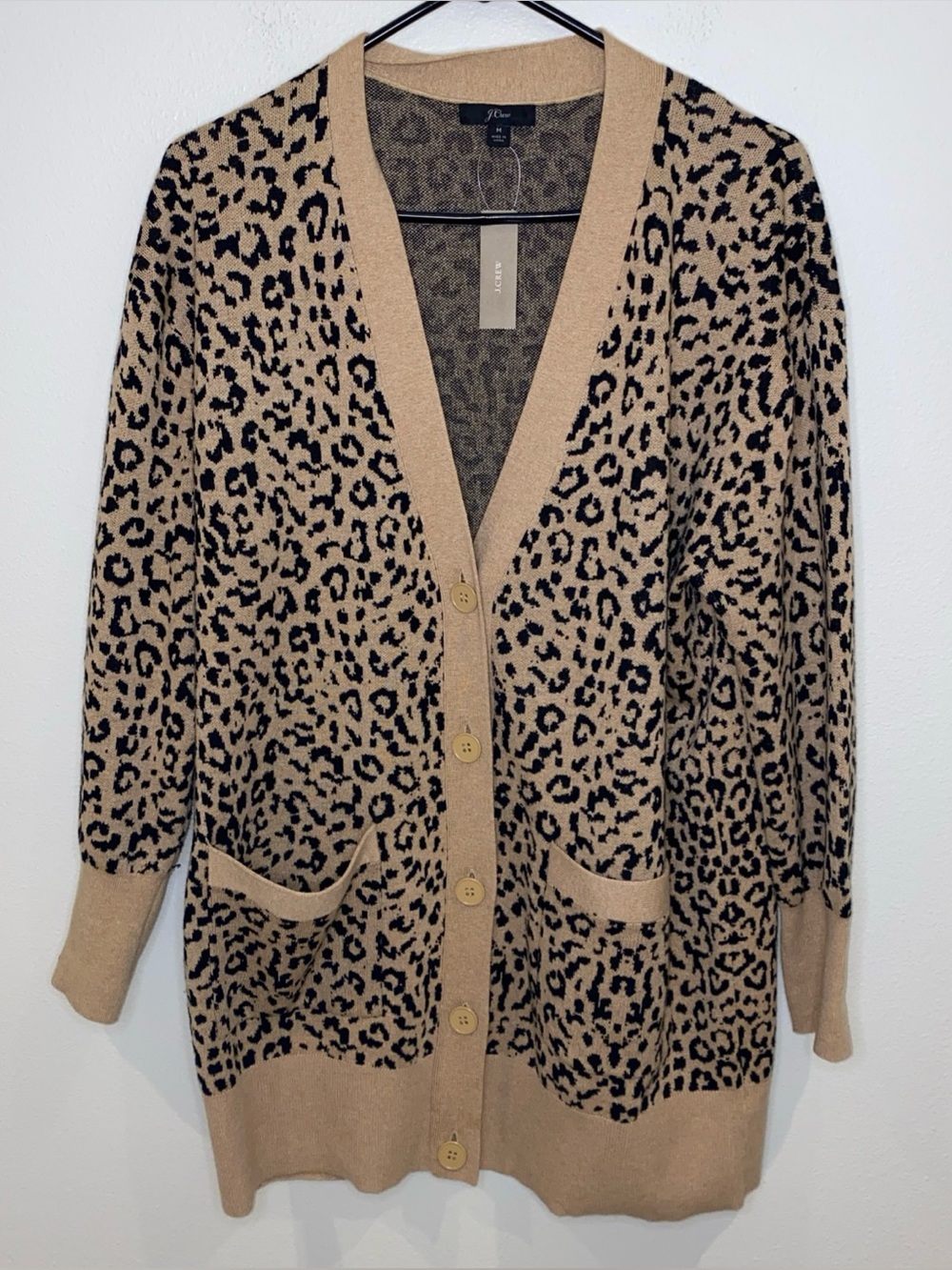 J.Crew Leopard Print Cardigan Sweater Wool Blend V Neck Woman’s M Pockets NWT